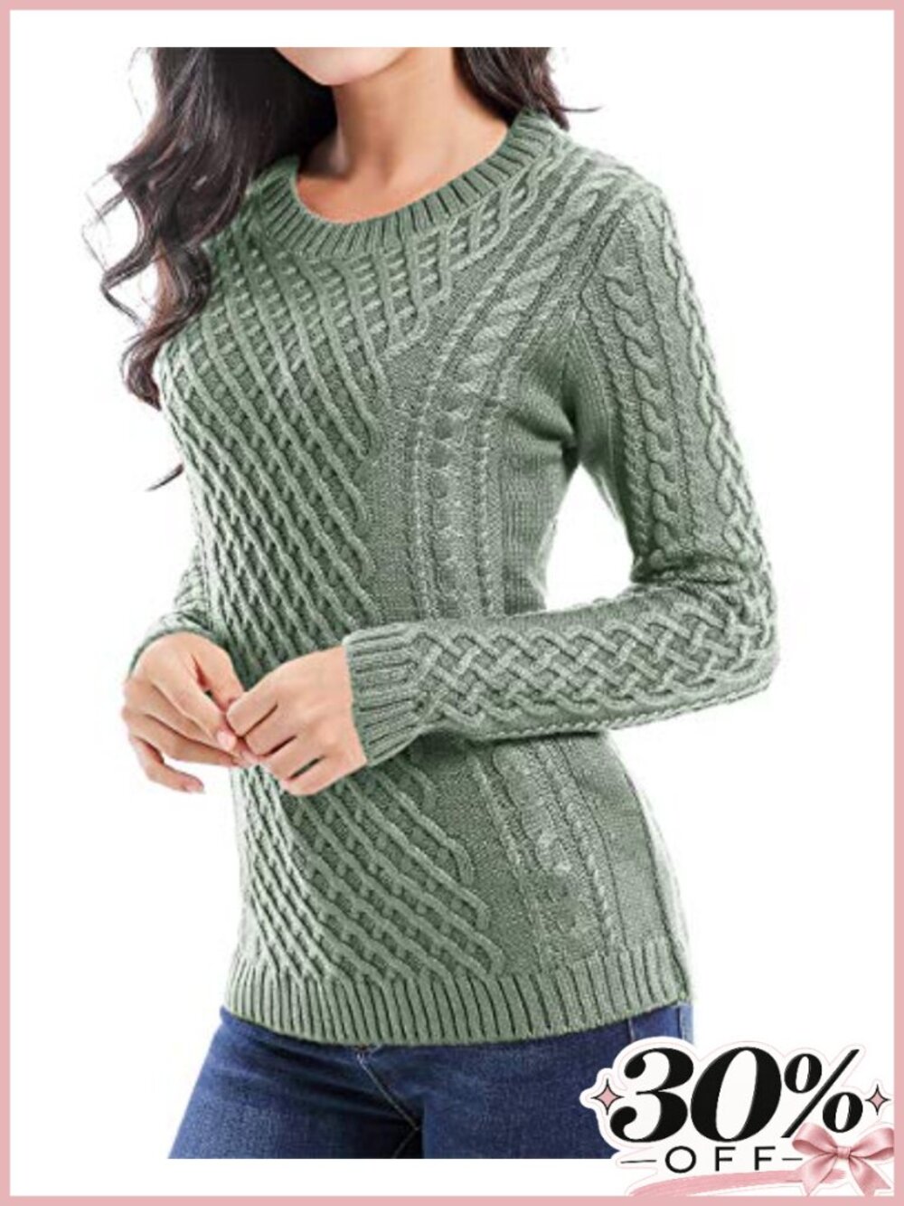 Women's Crew Neck Cable Knit Long Sleeve Sweater Jumper Pullover